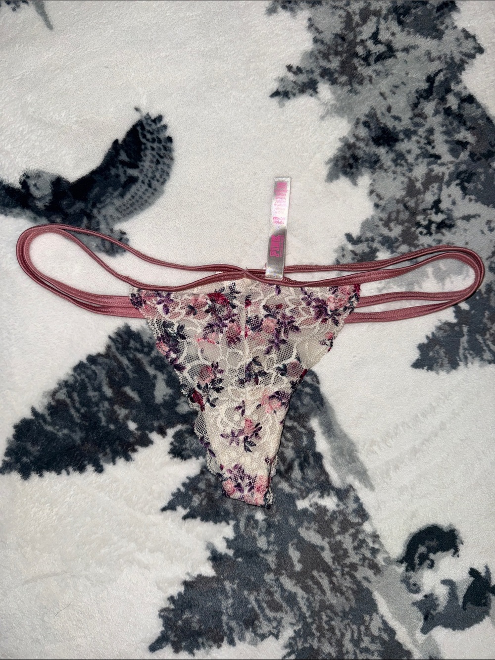 PINK Victoria's Secret Floral Lace Thong with Dusty Pink Straps